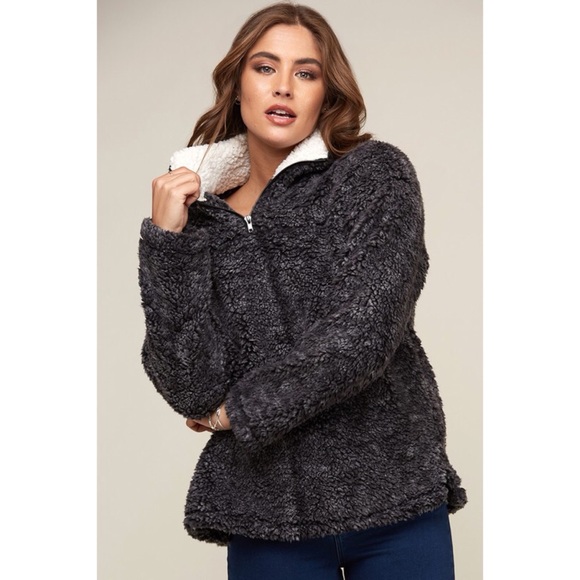 LAST ONE!! Sherpa Pullover-Charcoal Grey - Picture 3 of 5